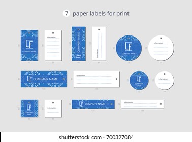 Vector paper clothing labels for print with pattern snowflakes with blue field