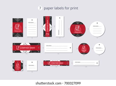 Vector paper clothing labels for print with pattern Christmas ball and grey snowflake