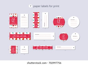 Vector paper clothing labels for print with pattern colorful hearts