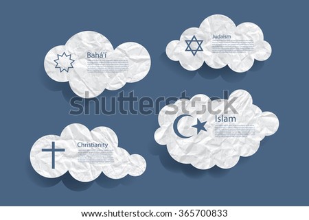 Vector paper clouds with religion symbols.