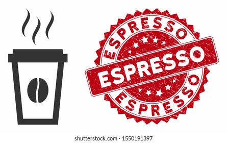 Vector paper coffee cup icon and grunge round stamp seal with Espresso text. Flat paper coffee cup icon is isolated on a white background. Espresso stamp uses red color and grunge texture.