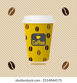 Vector paper coffee cup with cup logo and coffee beans pattern