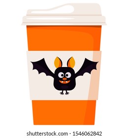 Vector paper coffee or tea cup decorated cartoon cute smiling and flying Happy Halloween black bat isolated on white background. Design element for card, banner, web. Flat design illustration.