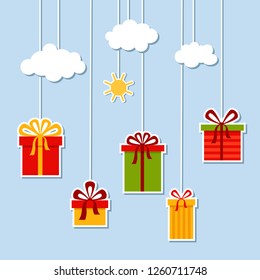 Vector paper craft theater with different colorful presents, clouds and sun hanging on ropes on a blue background. Cartoon gift boxes. Bright holiday picture.