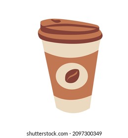Vector. Paper cup with coffee. The glass is decorated with a coffee bean. Menu decoration, signboards, shop windows, postcards, posters, wallpapers.