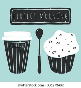 Vector paper cup of coffee and muffin for perfect breakfast. Doodle food illustration 