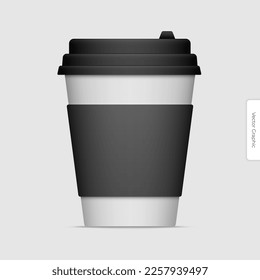 Vector paper cup with plastic lid on gray background, featuring a realistic design, offers a versatile solution for coffee to go and takeout. 3D disposable closed paper cup template. Vector EPS10.