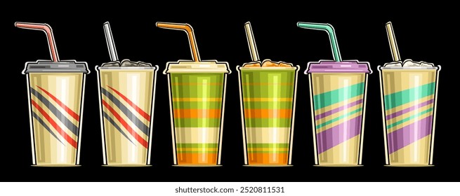 Vector Paper Cup set for Soft Drinks, banner with collection of cut out illustrations of 6 different cold drinks with straw, group of colorful large paper cups in a row for menu on black background