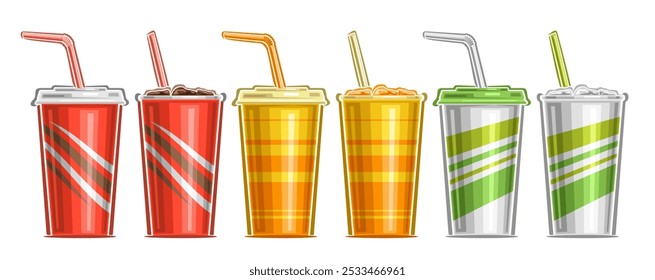 Vector Paper Cup set for Soft Drinks, banner with collection of cut out illustrations of 6 different cold drinks with straw, group of colorful large paper cups in a row for menu on white background