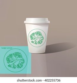 Vector paper cup template design. Paper cup for coffee and tea with a lid. Tree label sample as addition. 