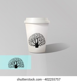 Vector paper cup template design. Paper cup for coffee and tea with a lid. Tree label sample as addition. 