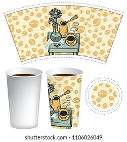 Vector paper Cup template for hot drink. Disposable cup for tea or coffee with funny still life on the table in a flat style on seamless background with coffee beans