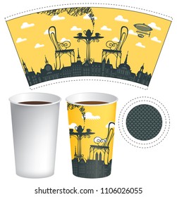 Vector paper Cup template for hot drink. Disposable cup for tea or coffee with on street cafe and served table on two on a background of old town with airship and clouds.