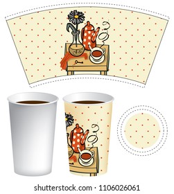 Vector paper Cup template for hot drink. Disposable cup for tea or coffee with funny still life on the table in a flat style on the background with polka dots