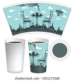 Vector paper Cup template for hot drink. Disposable cup for tea or coffee with a street cafe and served table on two on a background of old town with airship and clouds.