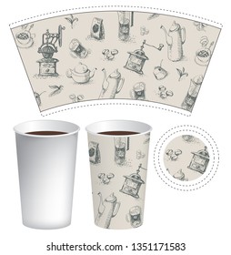 Vector paper Cup template for hot drink in retro style. Disposable tea or coffee Cup with drawings of teapots, cups, coffee grinders and other doodles on tea and coffee theme.