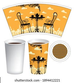 Vector paper Cup template for hot drinks. Disposable cup for tea or coffee with decorative illustration of street cafe and served table for two on a background of old town and yellow sky with clouds