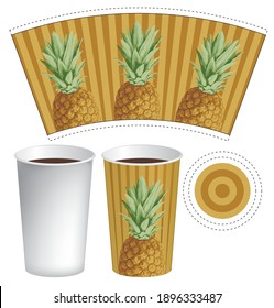 Vector paper Cup template for hot drinks. Disposable cup for tea, coffee and other beverages with pineapples on a striped background in beige colors