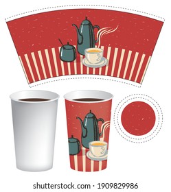 Vector paper cup template for hot drinks. Disposable cup for tea, coffee and other beverages with a hand-drawn cup of hot tea, a teapot and a sugar bowl in retro style on a red background