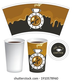 Vector paper Cup template for hot drinks. Disposable cup for tea, coffee and other beverages with appetizing dripping caramel and alarm clock on the black background in cartoon style