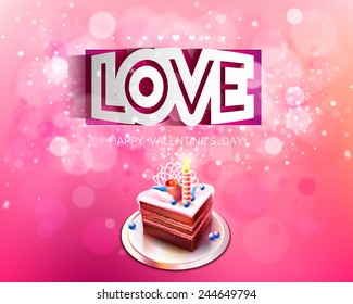 Vector paper curved inscription love cut on a pink background with cake bokeh and light. Happy Valentines Day Card Design. February. Blurred Soft
