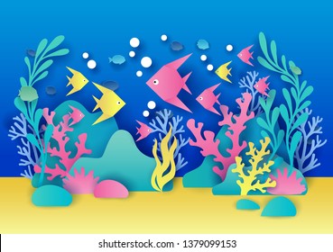 Vector paper cut aquarium with aquatic plants, exotic fish, coral reef and stones. Ocean or sea bottom landscape. The beauty of underwater world concept for poster, web banner, website page etc.