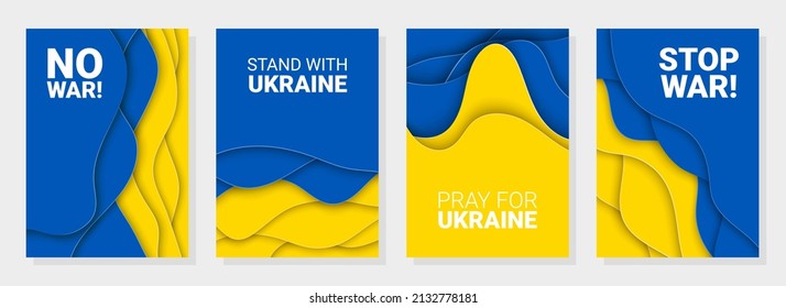 Vector paper cut background illustration of Pray For Ukraine, No War, Stand With Ukraine, Stop War concept with prohibition sign on Ukraine flag colors. No war and military attack in Ukraine poster.