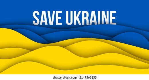 Vector paper cut background illustration of Save Ukraine concept with prohibition sign on national flag colors. No war and military attack, blue and yellow poster, banner, cover.