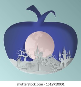 Vector paper cut background.Illustration of bonfire art with decorations in Halloween. Graphic design for Halloween festival. Greeting card for celebration on Halloween. 