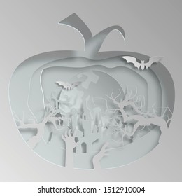 Vector paper cut background.Illustration of bonfire art with decorations in Halloween. Graphic design for Halloween festival. Greeting card for celebration on Halloween. 