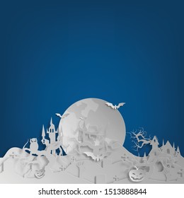 Vector paper cut background.Illustration of bonfire art with decorations in Halloween. Graphic design for Halloween festival. Greeting card for celebration on Halloween. 