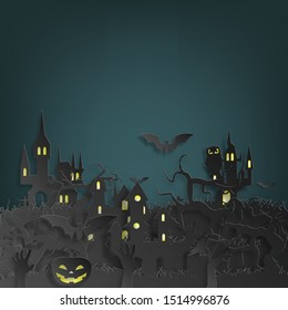 Vector paper cut background.Illustration of bonfire art with decorations in Halloween. Graphic design for Halloween festival. Greeting card for celebration on Halloween. 