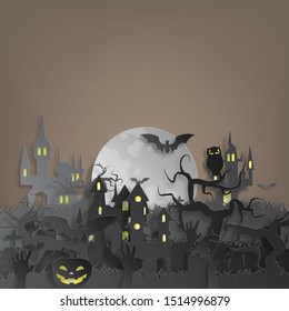 Vector paper cut background.Illustration of bonfire art with decorations in Halloween. Graphic design for Halloween festival. Greeting card for celebration on Halloween. 