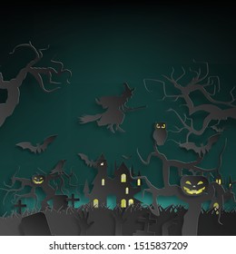 Vector paper cut background.Illustration of bonfire art with decorations in Halloween. Graphic design for Halloween festival. Greeting card for celebration on Halloween. 