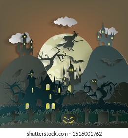 Vector paper cut background.Illustration of bonfire art with decorations in Halloween. Graphic design for Halloween festival. Greeting card for celebration on Halloween. 