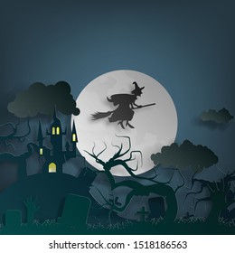 Vector paper cut background.Illustration of bonfire art with decorations in Halloween. Graphic design for Halloween festival. Greeting card for celebration on Halloween. 