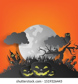 Vector paper cut background.Illustration of bonfire art with decorations in Halloween. Graphic design for Halloween festival. Greeting card for celebration on Halloween. 