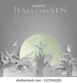 Vector paper cut background.Illustration of bonfire art with decorations in Halloween. Graphic design for Halloween festival. Greeting card for celebration on Halloween. 