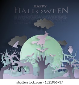 Vector paper cut background.Illustration of bonfire art with decorations in Halloween. Graphic design for Halloween festival. Greeting card for celebration on Halloween.