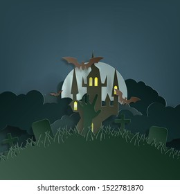 Vector paper cut background.Illustration of bonfire art with decorations in Halloween. Graphic design for Halloween festival. Greeting card for celebration on Halloween. 