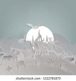 Vector paper cut background.Illustration of bonfire art with decorations in Halloween. Graphic design for Halloween festival. Greeting card for celebration on Halloween. 