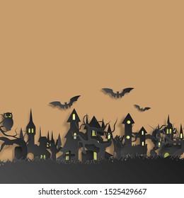 Vector paper cut background.Illustration  with decorations in Halloween. Graphic design for Halloween festival. Greeting card for celebration on Halloween. 