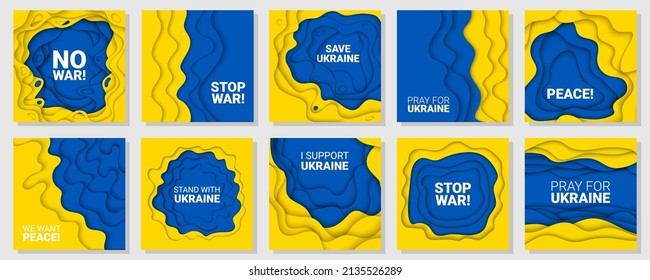 Vector paper cut backgrounds illustration of Pray For Ukraine, No War, Stand With Ukraine, Stop War concept with prohibition sign on Ukraine flag colors. No war and military attack in Ukraine.