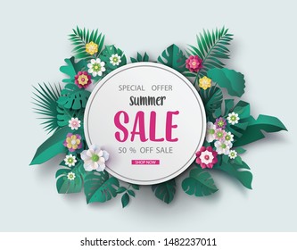 Vector paper cut Banner with tropical leaves and text Summer Sale .