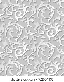 Vector paper cut baroque seamless damask light elegant texture. Luxury floral swirl white pattern element with shadow for wrapping paper, fabric, page fill, background or wallpaper, seamless page fill