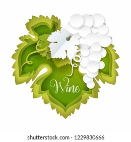 Vector paper cut bunch of grapes with green leaf. White grape vine. Wine grape icon.