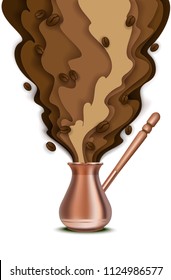 Vector paper cut cezve turkish coffee pot with aromatic coffee steam and beans. Trendy coffee concept design element for banner, flyer, poster etc.