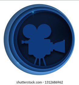 Vector paper cut cinema decorations with film projector, audience in circle frame. Design layout for cinema festival poster or banner, flyer, card, brochure cover.Abstract paper art style.Vector EPS10
