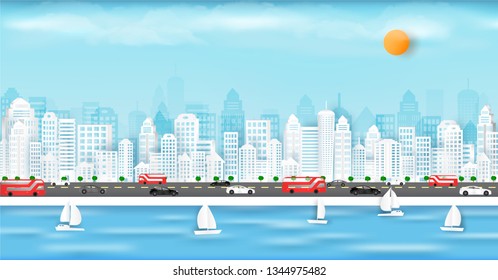 Vector paper cut and cityscape with buildings. and a house or village. and a magazine background.and traffic of cars within the city. and represents the city in Europe and used as an backdrop.
