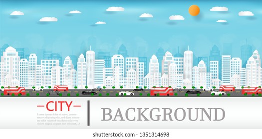 Vector paper cut and cityscape with buildings. and a house or village. and a magazine background.and traffic of cars within the city. and represents the city in Europe and used as an backdrop.


